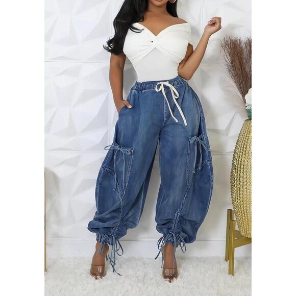 Women's Baggy Cargo Jeans Denim High Waisted Drawstring Streetwear - Picture 3 of 5